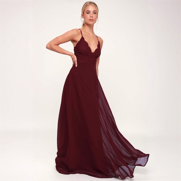 Lulus Madalyn Burgundy Lace Maxi Dress Size S Semi Formal Gown - Picture 1 of 8